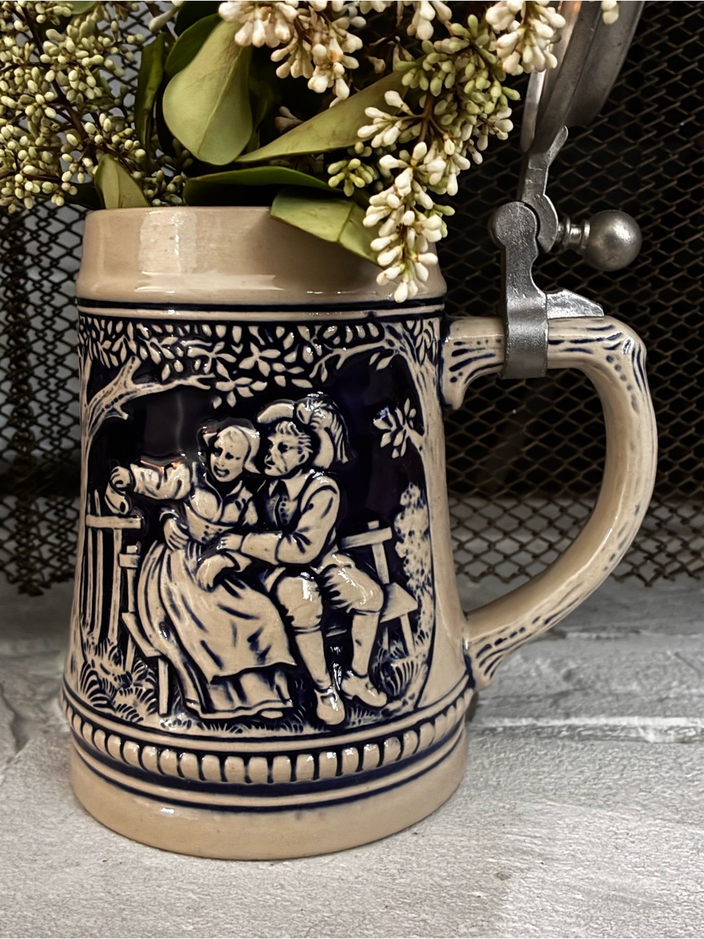 Vintage Ceramic Beer Stein with Pewter Lid - Blue and Cream